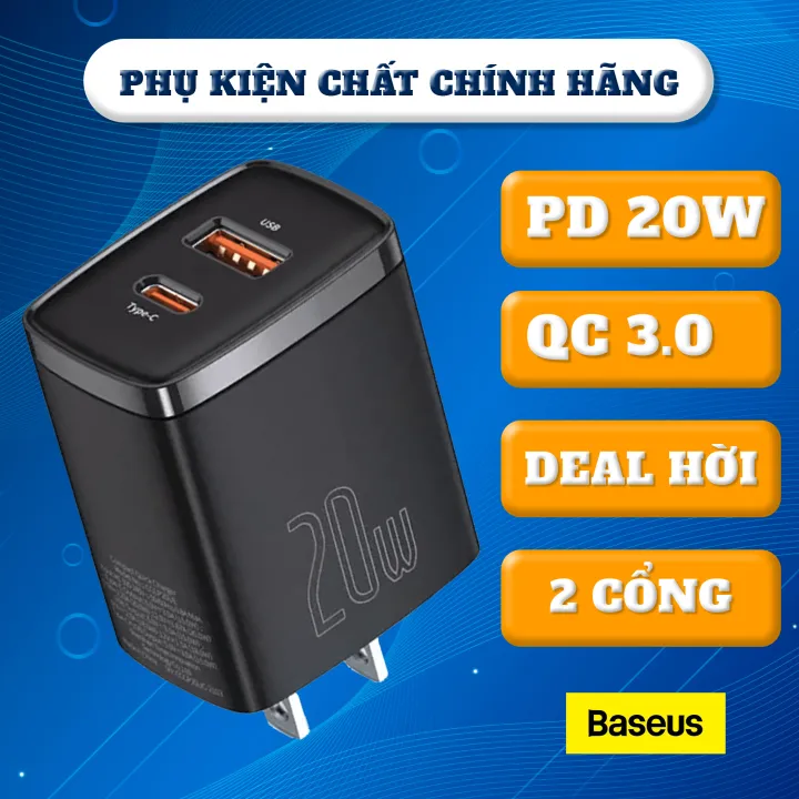 Củ sạc điện thoại Baseus Compact Quick Charger U+C 20W Sạc nhanh 30p, 2 cổng sạc, nhỏ gọn Bảo hành 18 tháng