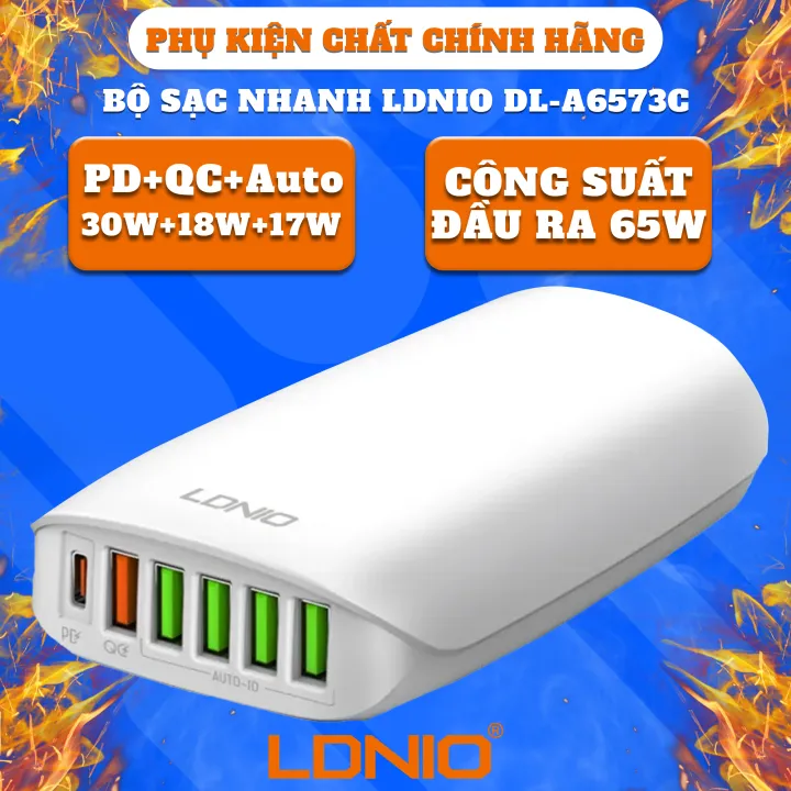 Bộ Sạc Nhanh LDNIO DL-A6573C Tùy Chỉnh 65W 6 Cổng USB Tường Sạc Nhanh PD Thông Minh Đa Năng Cao Cấp BH 12 Tháng.