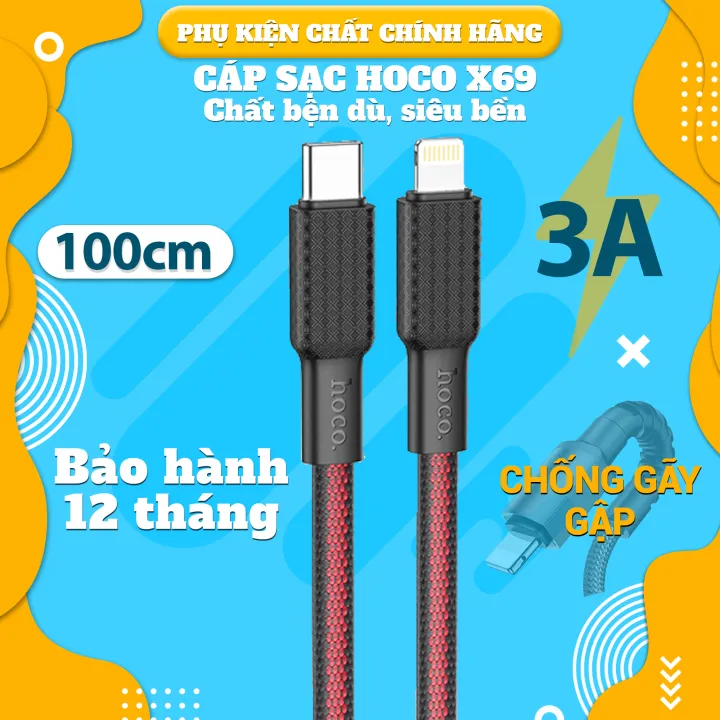 Dây sạc nhanh PD20W Hoco X69 Type-C to Lightning vải dệt chắc chắn dài 1M bảo hành 12 tháng. 