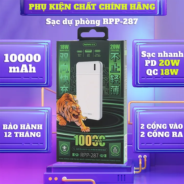 Pin Sạc Dự Phòng Sạc Nhanh Remax RPP-287 10.000mAh hỗ trợ QC 18W và PD 20W Full Hộp Bảo Hành 12 Tháng.