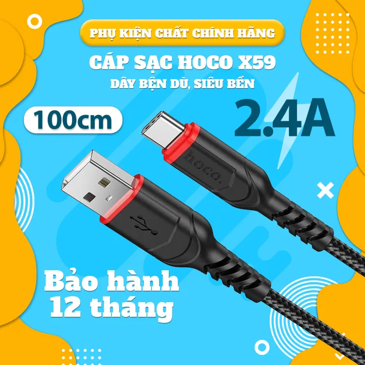 Dây sạc nhanh Hoco X59 dây dù sợi to siêu bền, cáp truyền tải dữ liệu dài 1m các đời điện thoại, bảo hành 12 tháng